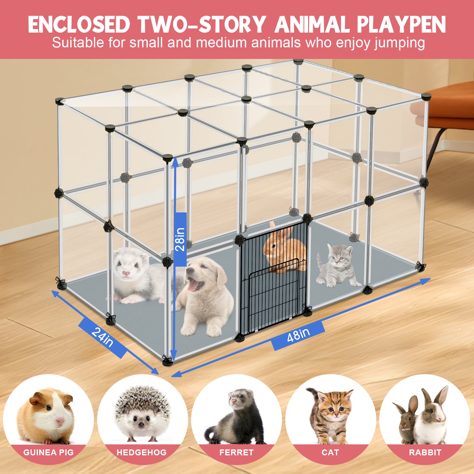 VISCOO 32 Panels Small Animals Playpen,48"x32"x24"Transparent Pet Playpen